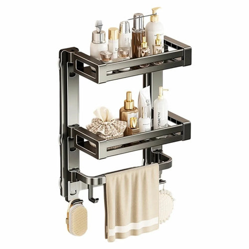 32x17x43cm 3-Tier Suction Cup Bathroom Shelf Foldable Wall Mount Storage Rack with Carbon Steel Towel Bar for Toilet Shower - Gunmetal Grey - 1