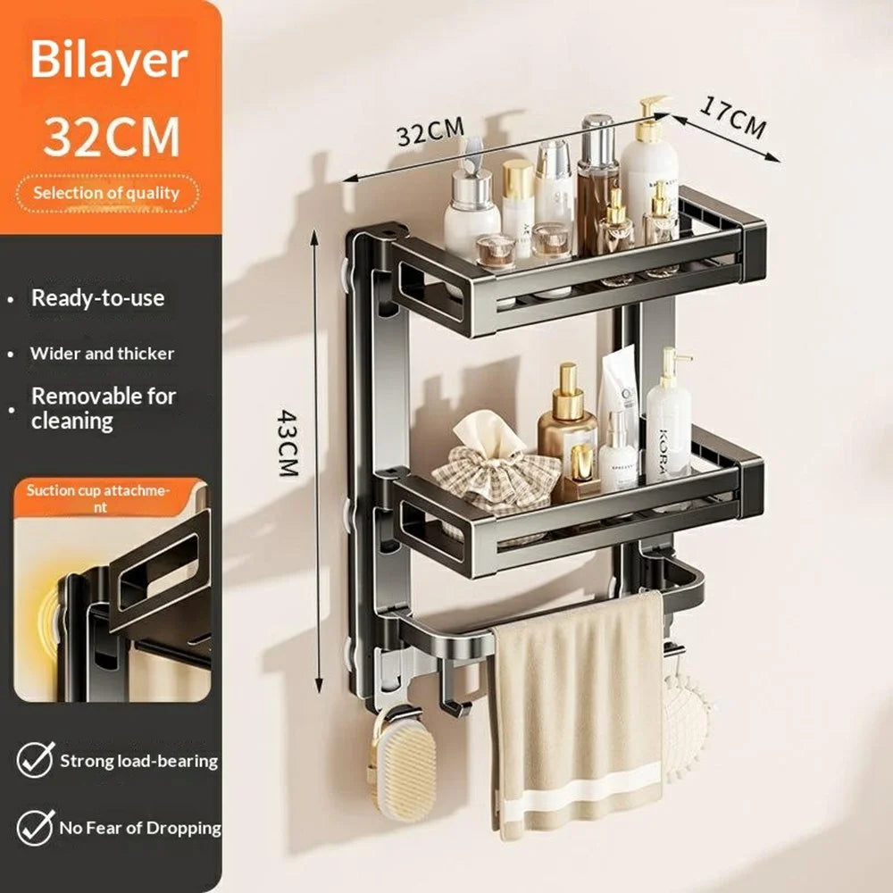 32x17x43cm 3-Tier Suction Cup Bathroom Shelf Foldable Wall Mount Storage Rack with Carbon Steel Towel Bar for Toilet Shower - Gunmetal Grey - 7