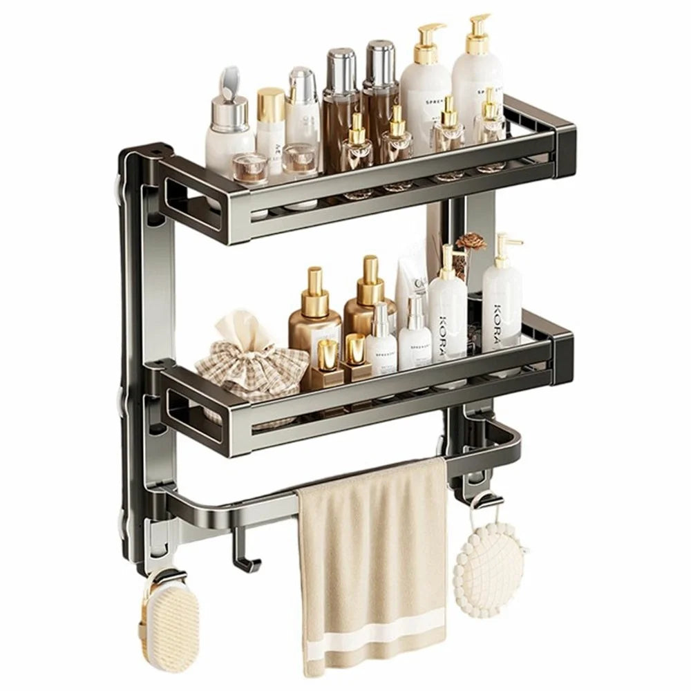 42x17x43cm 3-Tier Suction Cup Bathroom Shelf Foldable Wall Mount Storage Rack with Carbon Steel Towel Bar for Toilet Shower - Gunmetal Grey - 1