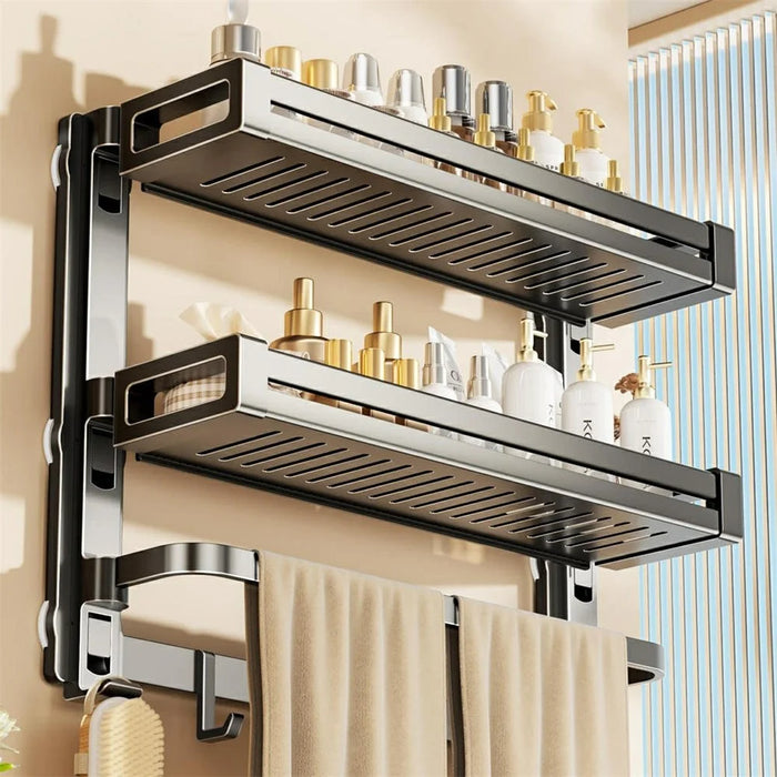 42x17x43cm 3-Tier Suction Cup Bathroom Shelf Foldable Wall Mount Storage Rack with Carbon Steel Towel Bar for Toilet Shower - Gunmetal Grey - 2