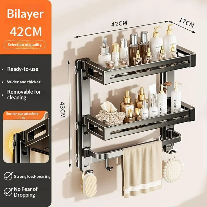 42x17x43cm 3-Tier Suction Cup Bathroom Shelf Foldable Wall Mount Storage Rack with Carbon Steel Towel Bar for Toilet Shower - Gunmetal Grey - 5