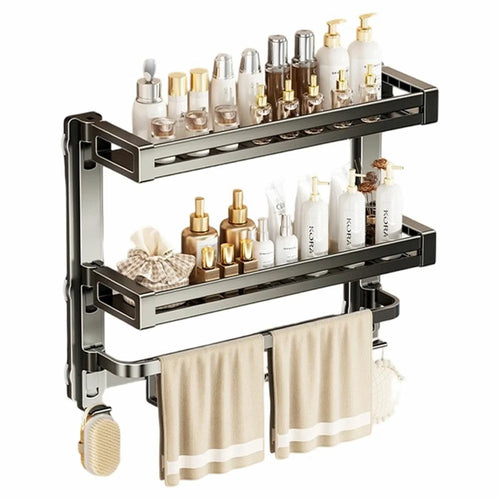 52x17x43cm 3-Tier Suction Cup Bathroom Shelf Foldable Wall Mount Storage Rack with Carbon Steel Towel Bar for Toilet Shower - Gunmetal Grey - 1