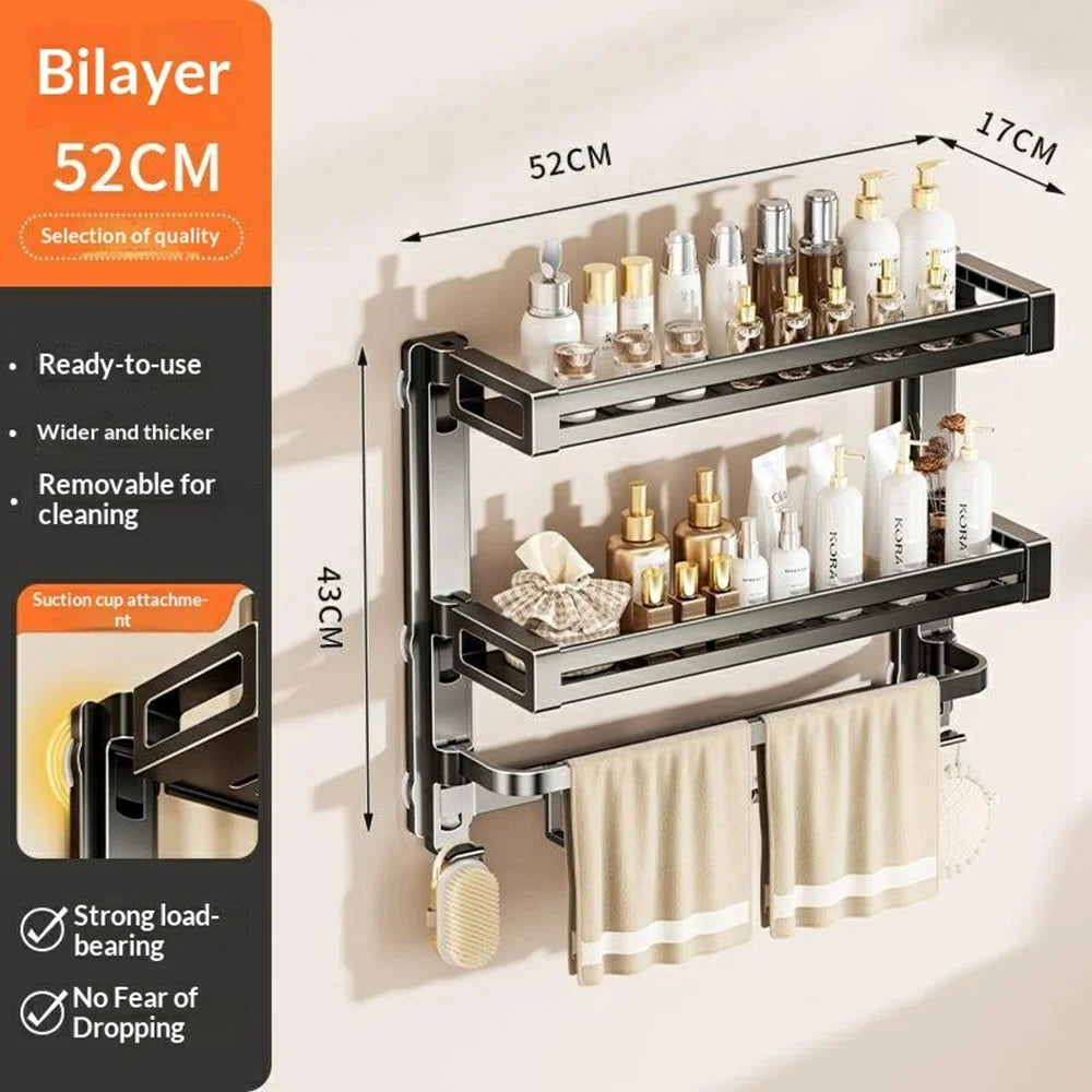 52x17x43cm 3-Tier Suction Cup Bathroom Shelf Foldable Wall Mount Storage Rack with Carbon Steel Towel Bar for Toilet Shower - Gunmetal Grey - 7