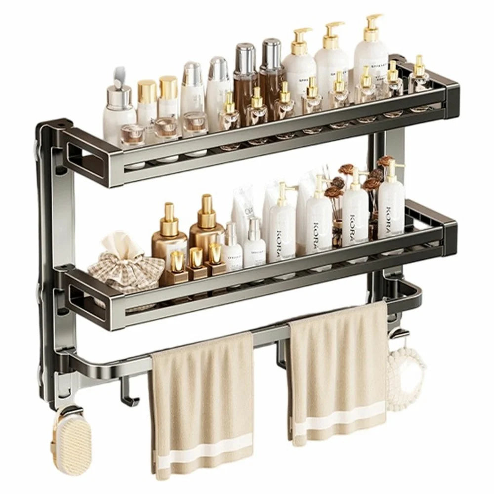 62x17x43cm 3-Tier Suction Cup Bathroom Shelf Foldable Wall Mount Storage Rack with Carbon Steel Towel Bar for Toilet Shower - Gunmetal Grey - 1