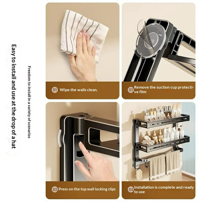 62x17x43cm 3-Tier Suction Cup Bathroom Shelf Foldable Wall Mount Storage Rack with Carbon Steel Towel Bar for Toilet Shower - Gunmetal Grey - 6
