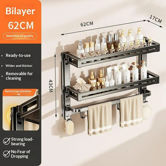 62x17x43cm 3-Tier Suction Cup Bathroom Shelf Foldable Wall Mount Storage Rack with Carbon Steel Towel Bar for Toilet Shower - Gunmetal Grey - 7