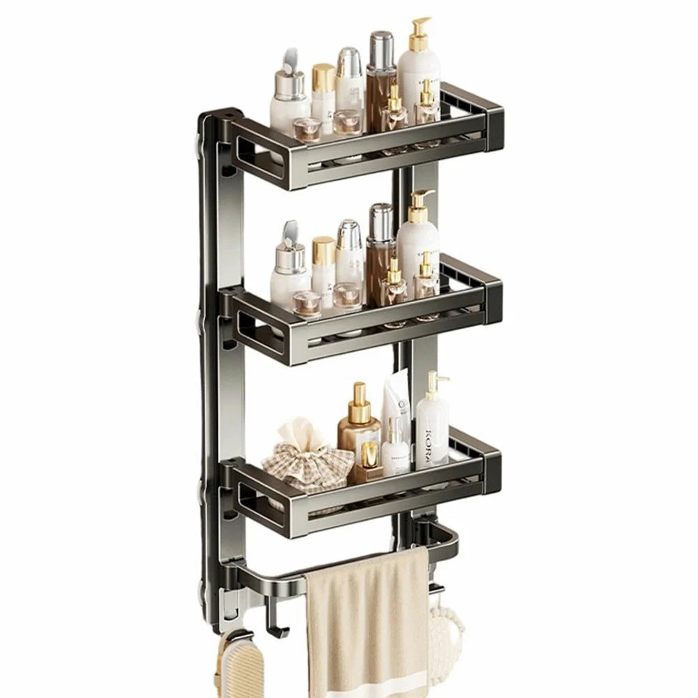 32x17x64cm 4-Tier Suction Cup Bathroom Shelf Foldable Wall Mount Storage Rack with Carbon Steel Towel Bar for Toilet Shower - Gunmetal Grey - 1
