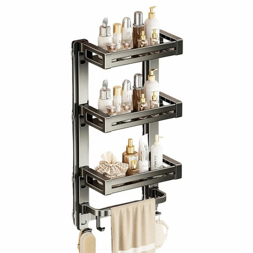 32x17x64cm 4-Tier Suction Cup Bathroom Shelf Foldable Wall Mount Storage Rack with Carbon Steel Towel Bar for Toilet Shower - Gunmetal Grey - 1