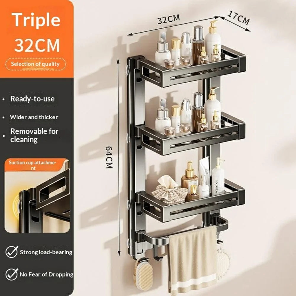 32x17x64cm 4-Tier Suction Cup Bathroom Shelf Foldable Wall Mount Storage Rack with Carbon Steel Towel Bar for Toilet Shower - Gunmetal Grey - 7