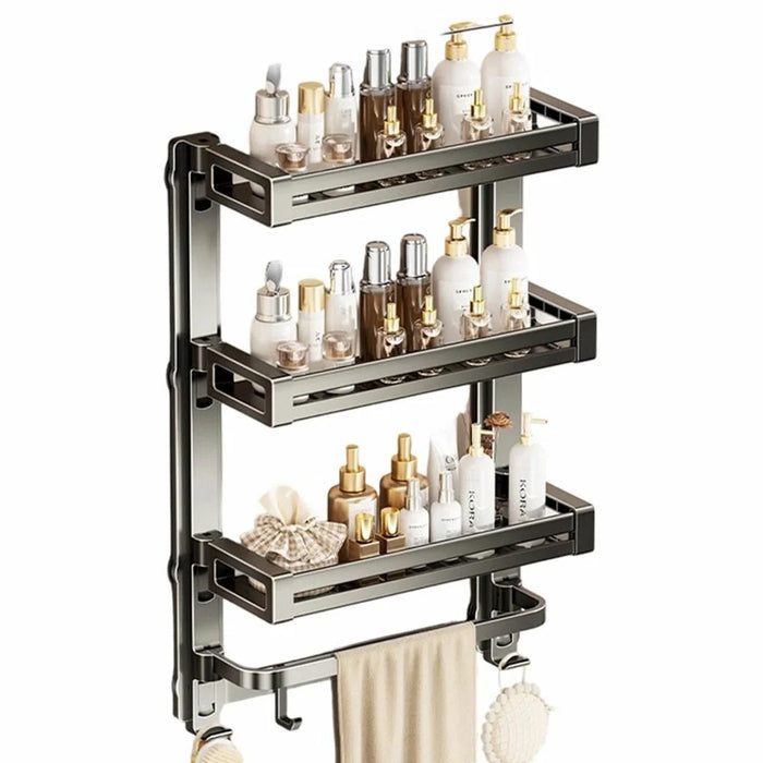 42x17x64cm 4-Tier Suction Cup Bathroom Shelf Foldable Wall Mount Storage Rack with Carbon Steel Towel Bar for Toilet Shower - Gunmetal Grey - 1