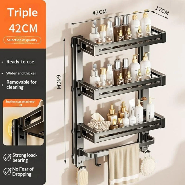42x17x64cm 4-Tier Suction Cup Bathroom Shelf Foldable Wall Mount Storage Rack with Carbon Steel Towel Bar for Toilet Shower - Gunmetal Grey - 7