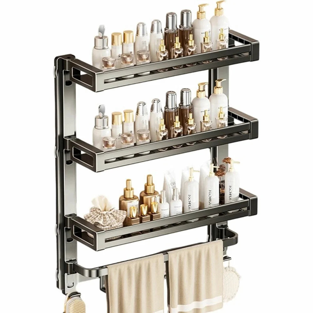 52x17x64cm 4-Tier Suction Cup Bathroom Shelf Foldable Wall Mount Storage Rack with Carbon Steel Towel Bar for Toilet Shower - Gunmetal Grey - 1