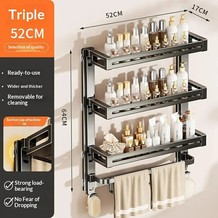 52x17x64cm 4-Tier Suction Cup Bathroom Shelf Foldable Wall Mount Storage Rack with Carbon Steel Towel Bar for Toilet Shower - Gunmetal Grey - 7