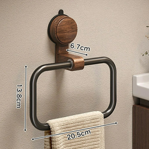 Retro Foldable Walnut Towel Ring Rack 180 Degree Flip No-Drill Suction Cup Aluminum Ring Tower Holder for Bathroom - Black Walnut  /  Black Ring - 1