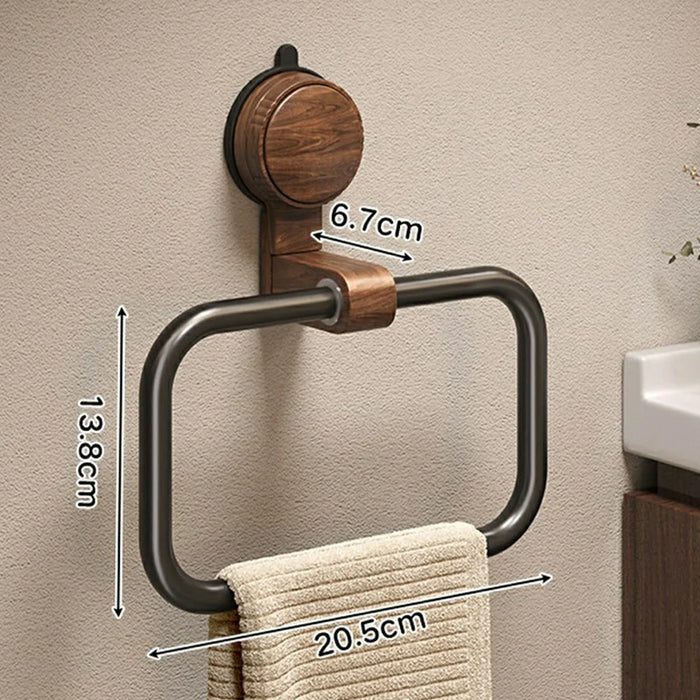 Retro Foldable Walnut Towel Ring Rack 180 Degree Flip No-Drill Suction Cup Aluminum Ring Tower Holder for Bathroom - Black Walnut  /  Black Ring - 1