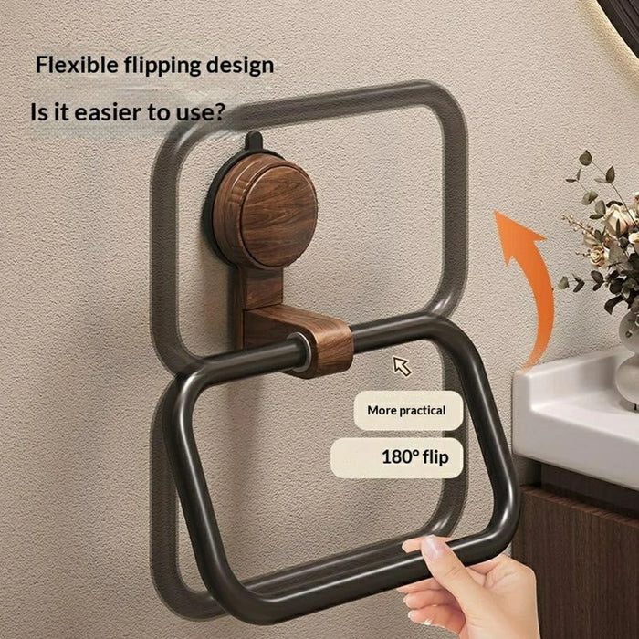 Retro Foldable Walnut Towel Ring Rack 180 Degree Flip No-Drill Suction Cup Aluminum Ring Tower Holder for Bathroom - Black Walnut  /  Black Ring - 3