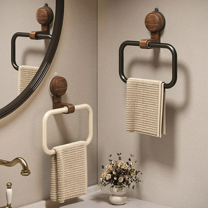 Retro Foldable Walnut Towel Ring Rack 180 Degree Flip No-Drill Suction Cup Aluminum Ring Tower Holder for Bathroom - Black Walnut  /  Black Ring - 6