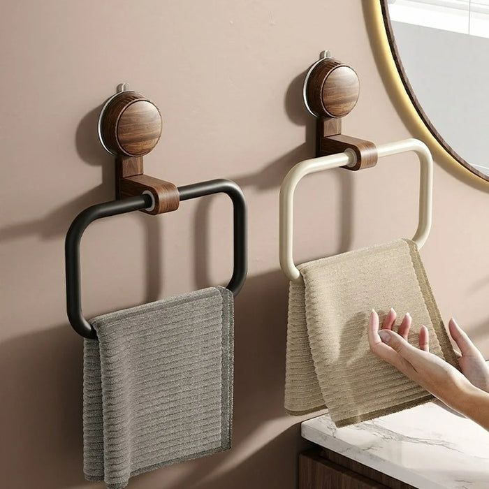 Retro Foldable Walnut Towel Ring Rack 180 Degree Flip No-Drill Suction Cup Aluminum Ring Tower Holder for Bathroom - Black Walnut  /  Black Ring - 7