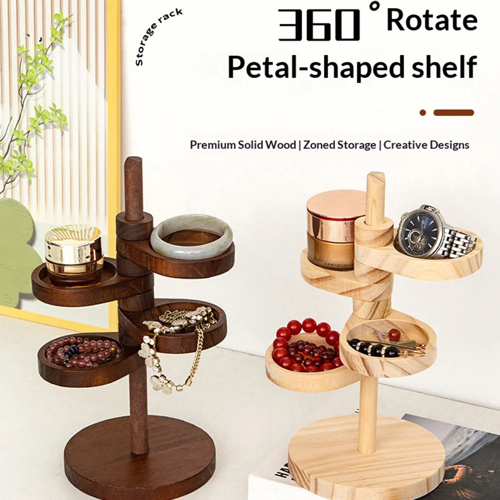 4-Tier Rotating Storage Shelf Solid Wood Desktop Jewelry Organizer Rack for Entryway Keys - Natural Color - 2