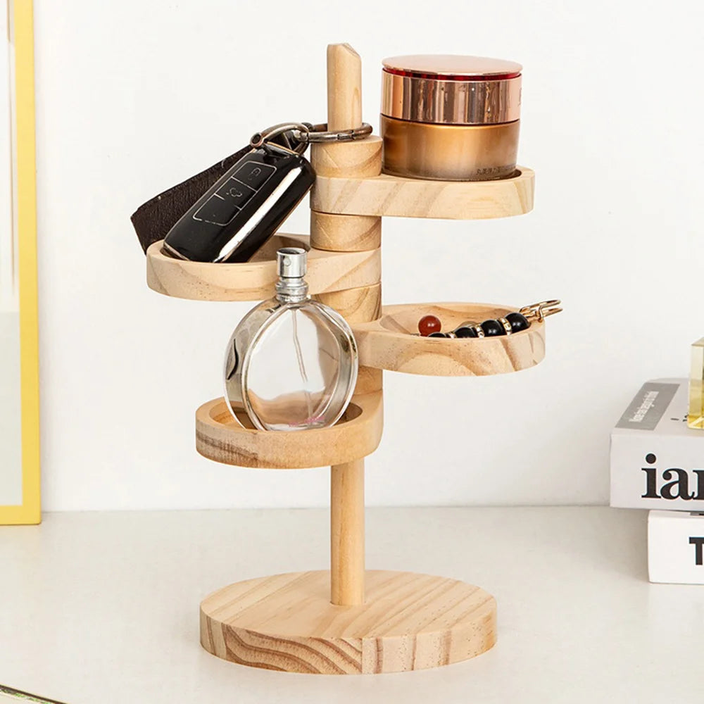 4-Tier Rotating Storage Shelf Solid Wood Desktop Jewelry Organizer Rack for Entryway Keys - Natural Color - 3