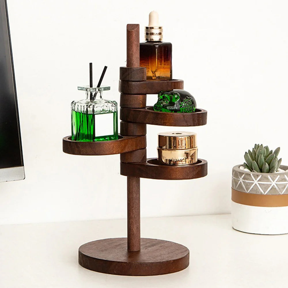 4-Tier Rotating Storage Shelf Solid Wood Desktop Jewelry Organizer Rack for Entryway Keys - Natural Color - 4