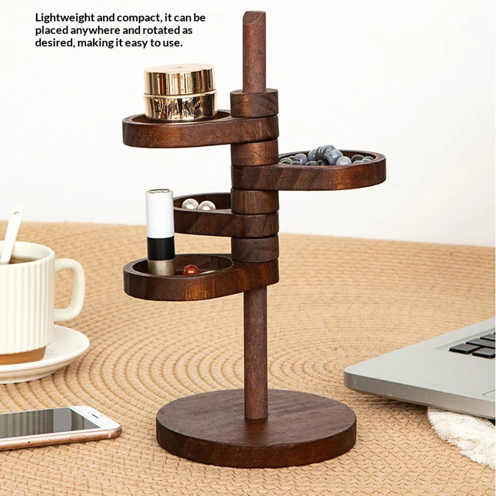 4-Tier Rotating Storage Shelf Solid Wood Desktop Jewelry Organizer Rack for Entryway Keys - Natural Color - 6