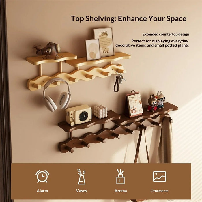 4 Hooks Wavy Wood Wall Mounted Coat Hanging Rack with Storage Shelf No Drill Bamboo Entryway Organizer - Natural Color - 2