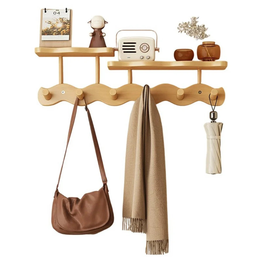 6 Hooks Wavy Wood Wall Mounted Coat Hanging Rack with Storage Shelf No Drill Bamboo Entryway Organizer - Natural Color - 1