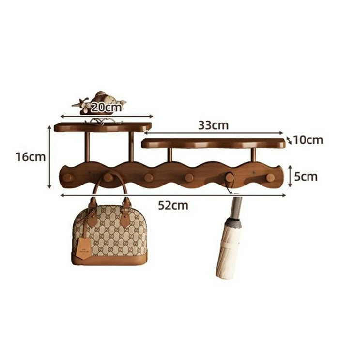 6 Hooks Wavy Wood Wall Mounted Coat Hanging Rack with Storage Shelf No Drill Bamboo Entryway Organizer - Natural Color - 6