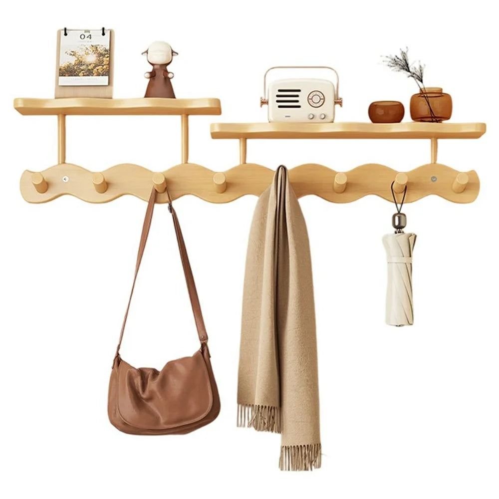 8 Hooks Wavy Wood Wall Mounted Coat Hanging Rack with Storage Shelf No Drill Bamboo Entryway Organizer - Natural Color - 1