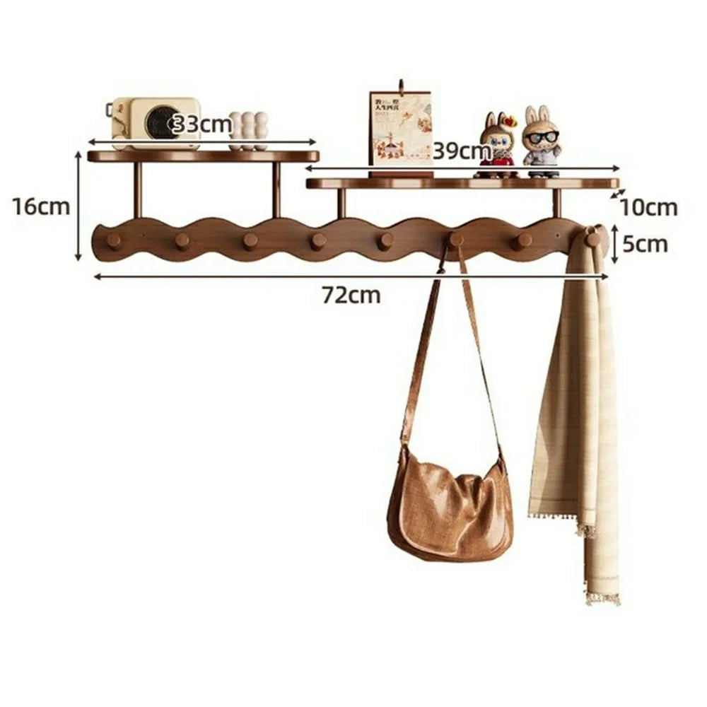 8 Hooks Wavy Wood Wall Mounted Coat Hanging Rack with Storage Shelf No Drill Bamboo Entryway Organizer - Natural Color - 6