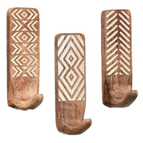 3Pcs Wooden Wall Hooks Handmade Geometric Pattern No Drill Adhesive Door Hooks for Towel Hat Coat - 1