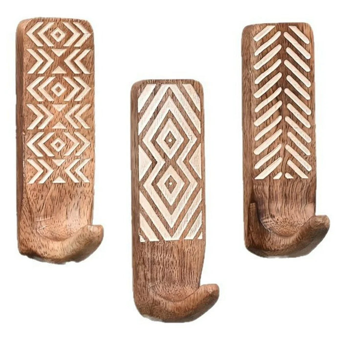 3Pcs Wooden Wall Hooks Handmade Geometric Pattern No Drill Adhesive Door Hooks for Towel Hat Coat - 1