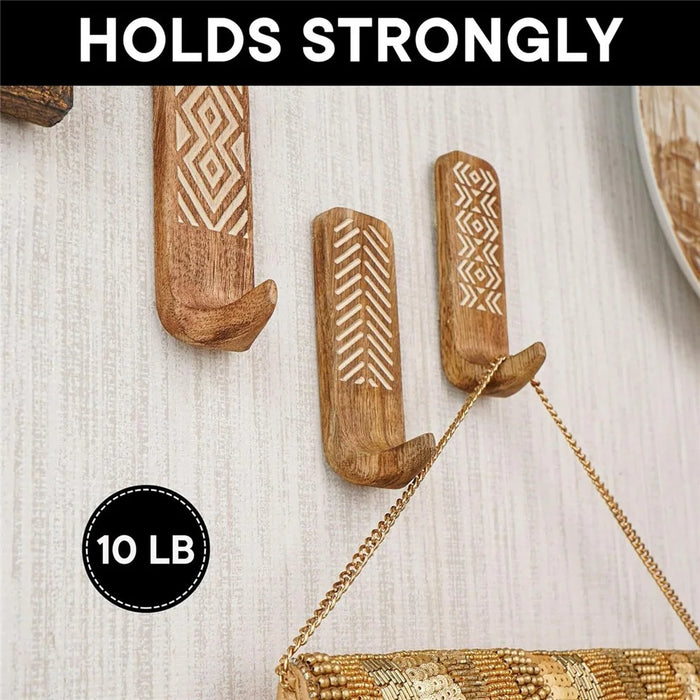 3Pcs Wooden Wall Hooks Handmade Geometric Pattern No Drill Adhesive Door Hooks for Towel Hat Coat - 2