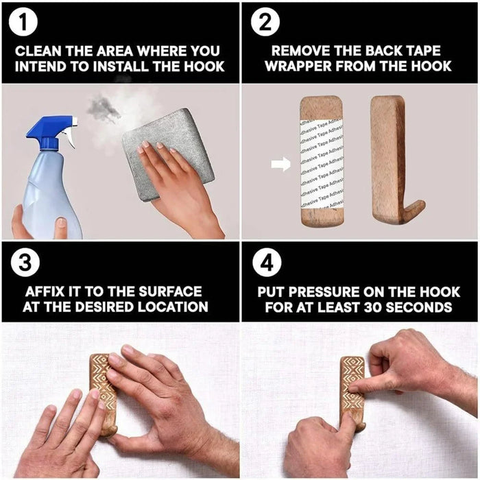3Pcs Wooden Wall Hooks Handmade Geometric Pattern No Drill Adhesive Door Hooks for Towel Hat Coat - 3