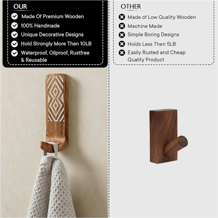 3Pcs Wooden Wall Hooks Handmade Geometric Pattern No Drill Adhesive Door Hooks for Towel Hat Coat - 4
