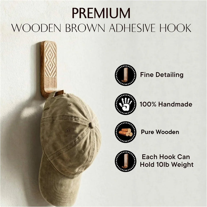 3Pcs Wooden Wall Hooks Handmade Geometric Pattern No Drill Adhesive Door Hooks for Towel Hat Coat - 5