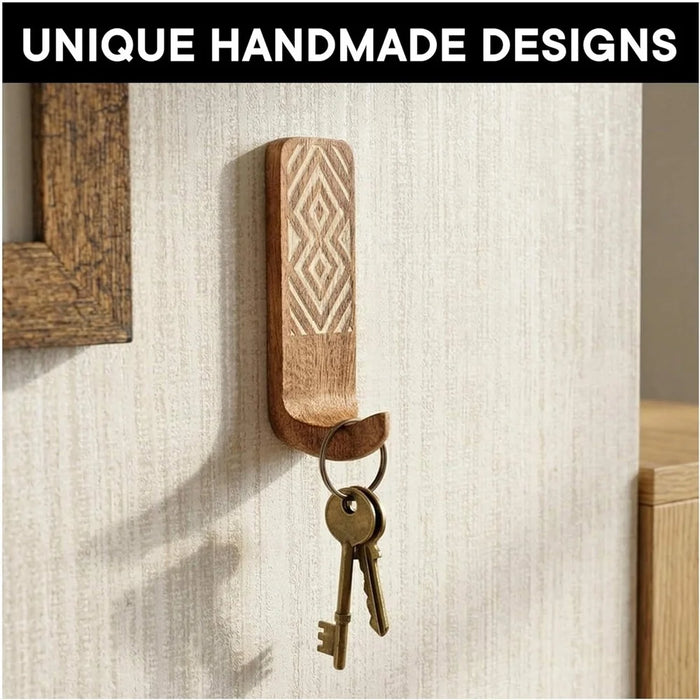 3Pcs Wooden Wall Hooks Handmade Geometric Pattern No Drill Adhesive Door Hooks for Towel Hat Coat - 6