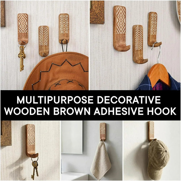 3Pcs Wooden Wall Hooks Handmade Geometric Pattern No Drill Adhesive Door Hooks for Towel Hat Coat - 7