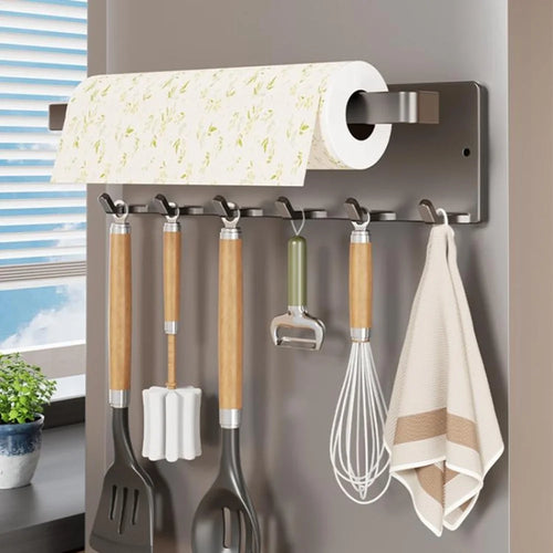 Magnetic Kitchen Paper Towel Holder with 6Pcs Hooks Carbon Steel Fridge Side Wall-Mounted Storage Rack for Organization - Gunmetal Grey - 1