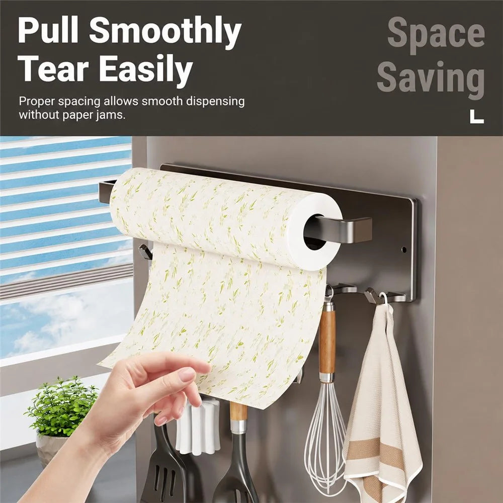 Magnetic Kitchen Paper Towel Holder with 6Pcs Hooks Carbon Steel Fridge Side Wall-Mounted Storage Rack for Organization - Gunmetal Grey - 4