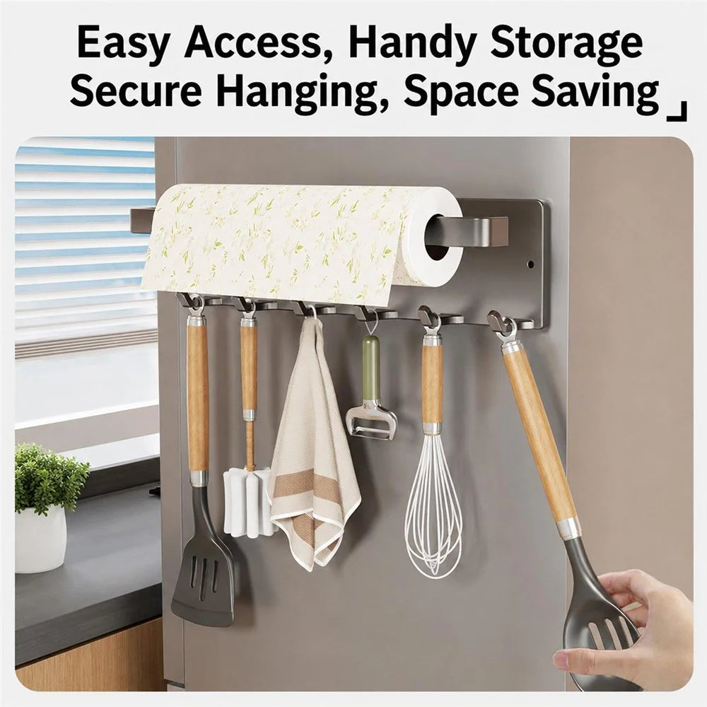 Magnetic Kitchen Paper Towel Holder with 6Pcs Hooks Carbon Steel Fridge Side Wall-Mounted Storage Rack for Organization - Gunmetal Grey - 6