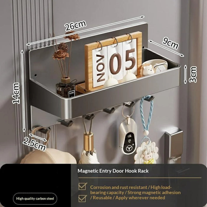 Magnetic Entry Door Hook Rack No Drill Kitchen Refrigerator Side Storage Organizer with 5 Hooks - Gunmetal Grey - 6