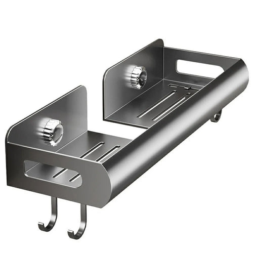 Suction Cup Shower Caddy Shelf 39.5 x 13 x 5.5cm Bathroom Storage Rack No Drill Wall Mount with Hooks - Gunmetal Grey - 1