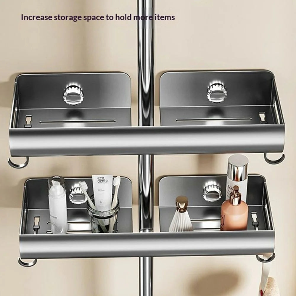 Suction Cup Shower Caddy Shelf 39.5 x 13 x 5.5cm Bathroom Storage Rack No Drill Wall Mount with Hooks - Gunmetal Grey - 3