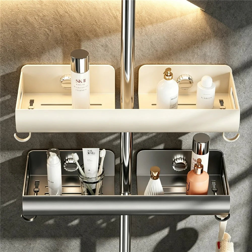 Suction Cup Shower Caddy Shelf 39.5 x 13 x 5.5cm Bathroom Storage Rack No Drill Wall Mount with Hooks - Gunmetal Grey - 5