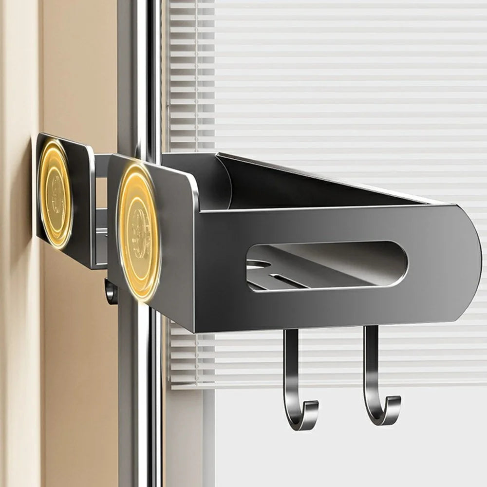 Suction Cup Shower Caddy Shelf 39.5 x 13 x 5.5cm Bathroom Storage Rack No Drill Wall Mount with Hooks - Gunmetal Grey - 6