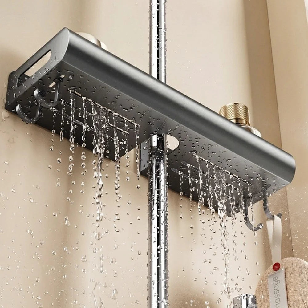 Suction Cup Shower Caddy Shelf 39.5 x 13 x 5.5cm Bathroom Storage Rack No Drill Wall Mount with Hooks - Gunmetal Grey - 7