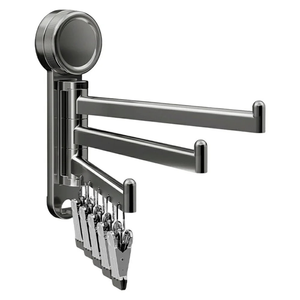 Wall-Mounted Rotating Drying Rack Suction Cup 3-Tiered Sock Hanger with 5 Clips for Bathroom Balcony - Gunmetal Grey - 1