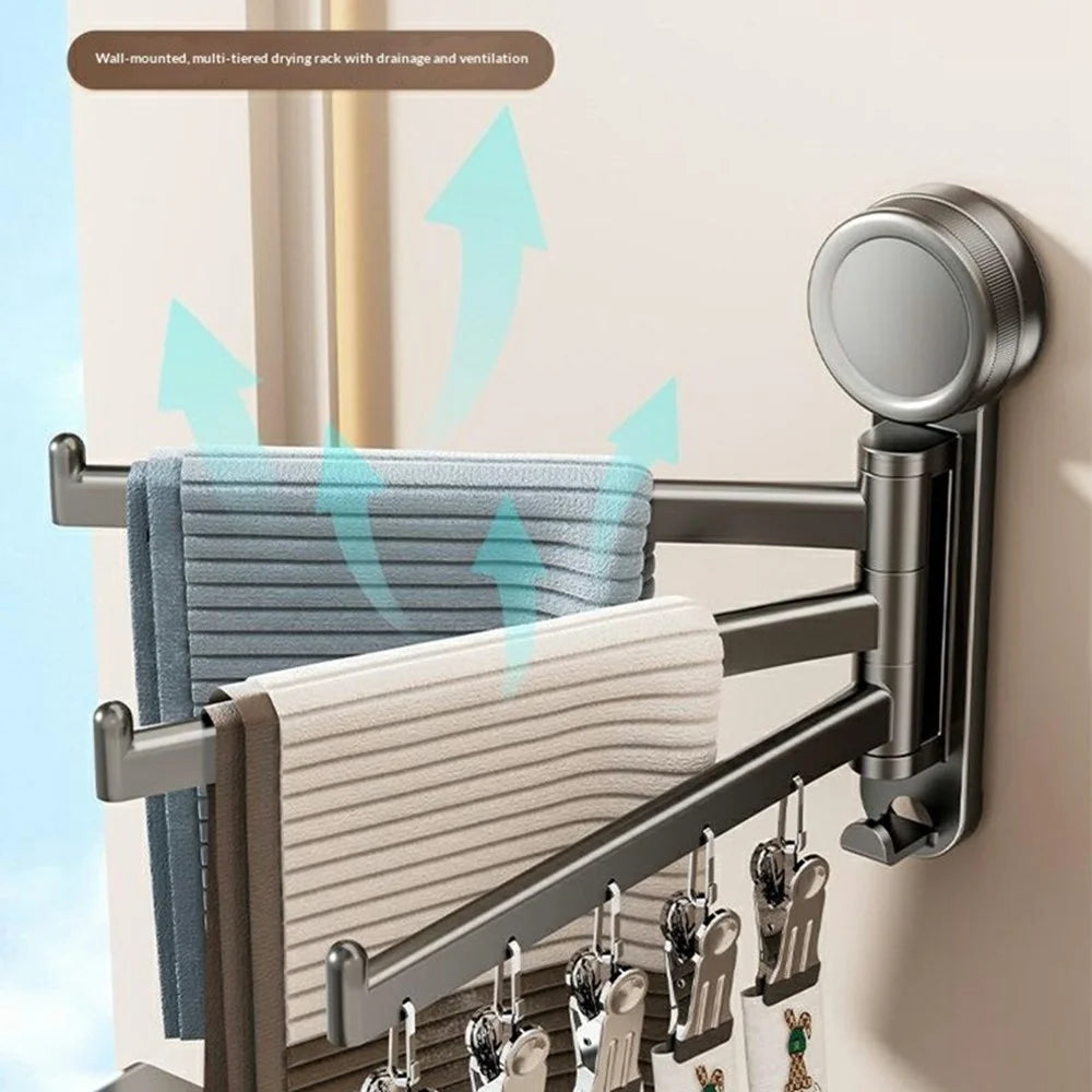 Wall-Mounted Rotating Drying Rack Suction Cup 3-Tiered Sock Hanger with 5 Clips for Bathroom Balcony - Gunmetal Grey - 4
